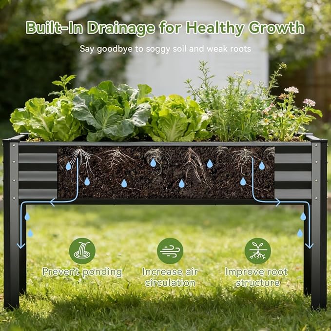 COMHOMA Raised Garden Bed with Legs 4x2x2.5ft,Large Elevated Galvanized Metal Planter Box with Drainage Holes,Outdoor Growing Kit with Gloves Tools for Backyard Patio Lawn,Black