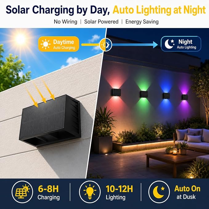 T-SUN Solar Fence Lights Outdoor, 8 Pack RGB Up and Down Decorative Solar Wall Lights with Adjustable Beam Angle, Color Changing & IP65 Waterproof Solar Wall Sconce for Patio Porch Yard Deck Stairs