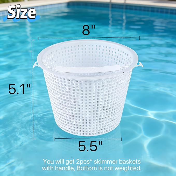 Pool Skimmer Basket 8 Inch Pool Filter Basket with Handle (Set of 2), Plastic Replacement Skimmer basket for Inground Pool Remove Leaves Debris, Fits Most Hayward Pentair Pool Skimmers (White)