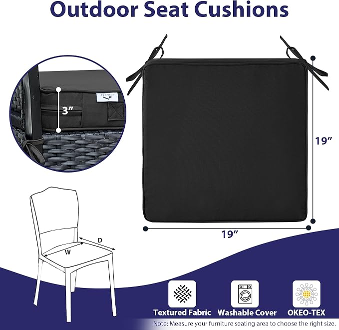 IPYNBAP Outdoor Chair Cushions Set of 4 -Waterproof Outdoor Seat Cushions for Patio Furniture, Patio Chair Cushion with Handle and Ties, Out Door Chair Pads,19x19x3-Square, Black