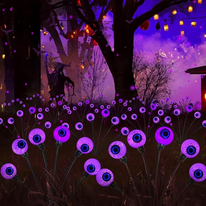 Solar Halloween Decorations Outdoor 4 Pack 24LED Purple Solar Eyeball Light | Newly 3-Tier Design, 2 Lighting Modes, Auto ON/OFF, IP65 Waterproof, Firefly Lights for Walkway Yard Lawn Garden Horror Party