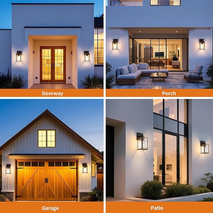 2 Pack Black Brush Gold Dusk to Dawn Exterior Lighting Fixtures Wall Mount, Sensor Outside Front Porch Lights for House, Outdoor Lantern Lamp, Wall Sconce Lights, Coach Light for Garage Entryway