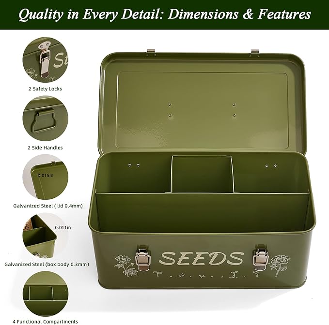 VerdantVibes Metal Seed Storage Organizer Box - Large Galvanized Seed Bin with 50 Vials, 50 Envelopes, Dividers & Labels - Complete Seed Saving Container & Gardening Gifts for Women Men