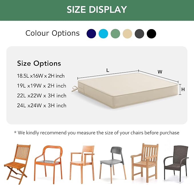 Outdoor Chair Cushions Set of 6: Waterproof & Fade Resistant Deep Seat Cushion for Patio Furniture - 24 x 24 x 3 Inch Chair Pads with Ties and Hidden Zipper - Patio Chair Cushion Replacement, Beige