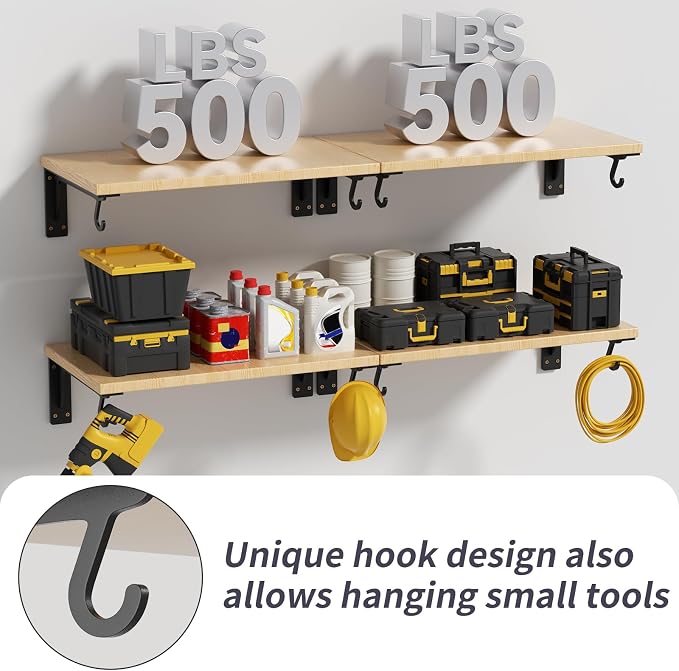 Garage Wall Shelving Heavy Duty with Hook Wall -Mounted Floating Shelf Holds Up to 500Lbs Garage Storage Rack for Organization & Storage Bins