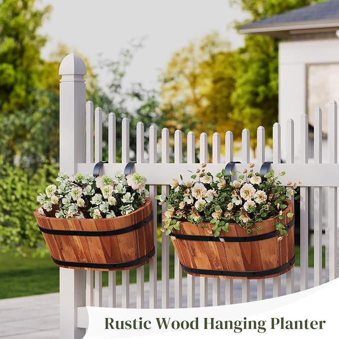 Railing Planters for Outdoor Plants Balcony Hanging Flower Pots with Detachable Hooks, Window Flower Box Hanging Bucket Pots Fence Planters for Garden Home Decor (Brown-2pack, Large)