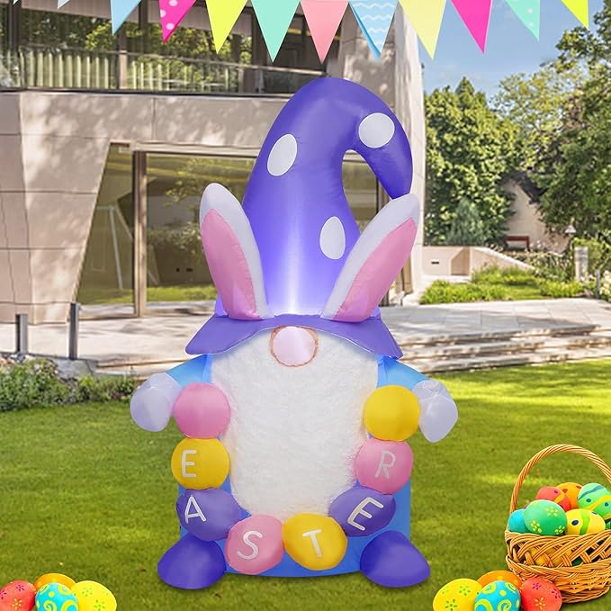 Juegoal Easter Gnome Inflatables Decorations, 4 FT Lighted Blow Cute Bunny Gnome with Eggs, Indoor Outdoor Cute Rabbit Easter Holiday Party Decor, Light Up for Lawn Yard Garden