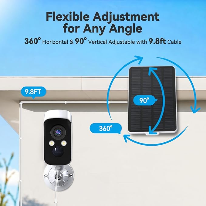 3W Solar Panel for Battery-Powered Security Cameras,USB-C & Micro USB Solar Charger for Wireless Outdoor Cameras,IP65 Waterproof, 9.8ft Cable, 360° Adjustable Mount (White, 2 Pack)