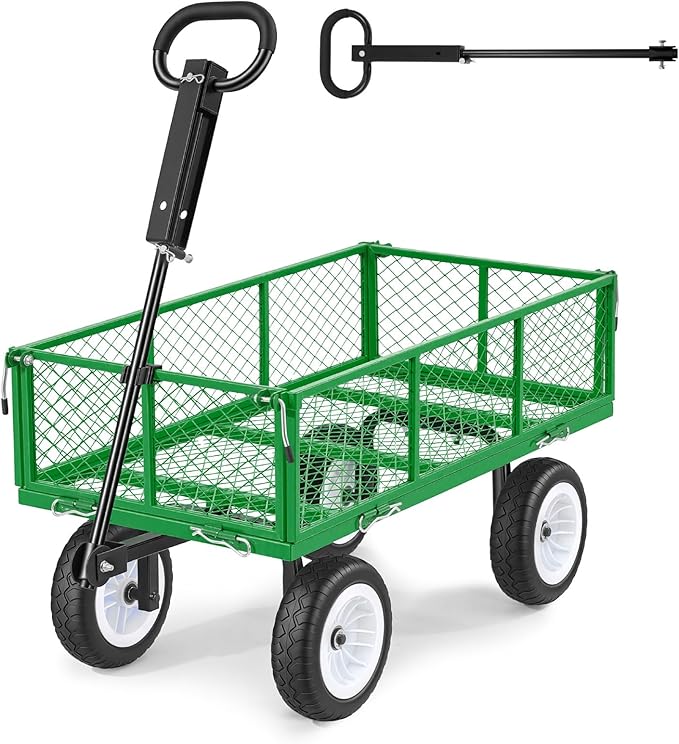 VEVOR 900 LBS Steel Garden Cart, 2 in 1 Handle, Heavy Duty Pullable Garden Wagon with 10" Flat-Free Tires, Outdoor Utility Yard Wagon Cart with Detachable Side Panels, Attach to ATV or Tractor