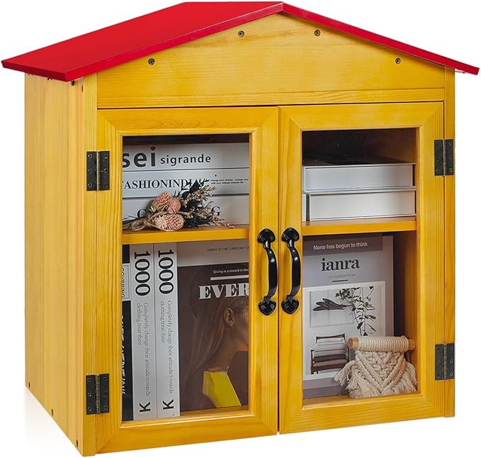 Outdoor Library Book Box Storage, Red Wooden Cabinet Little Literature Box for Neighborhoods Community and Schools Sharing Books, Newspapers, Flyers, Food and Art (Library Box-Red-2Tier)