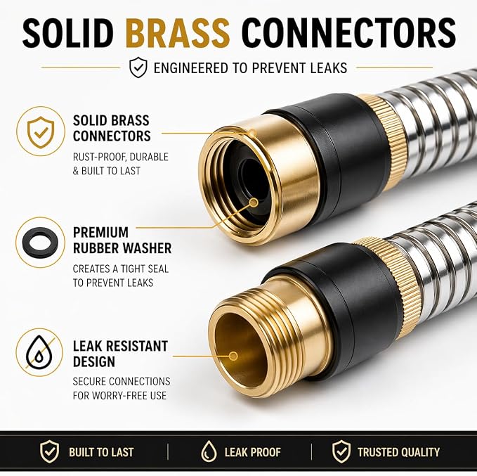 100 FT Metal Garden Hose, Stainless Steel Water Hose, Kink-Free Lightweight Heavy Duty Garden Hose with Brass Fittings & Nozzle, Flexible Non-Expandable Hose