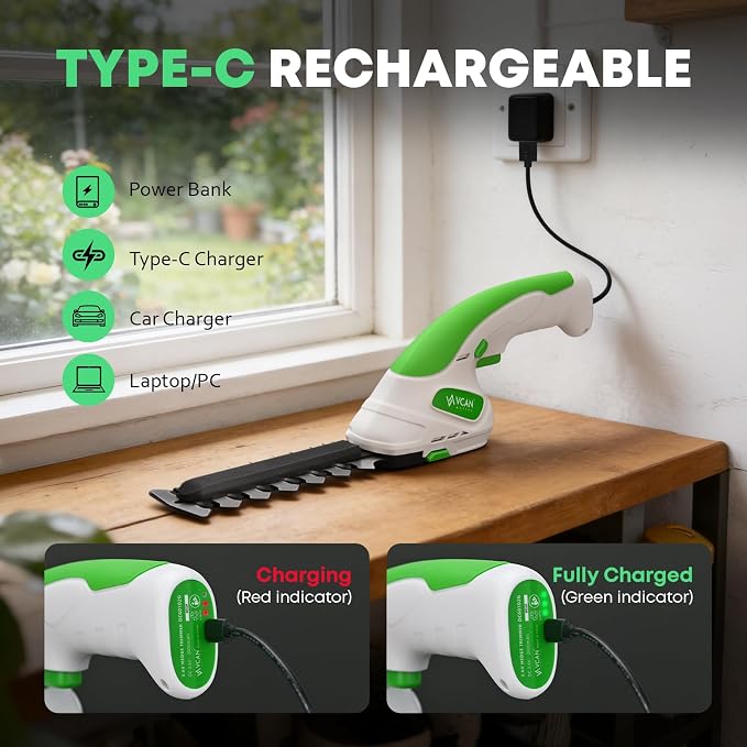 2-in-1 Cordless Hedge Trimmer, Handheld Hedge Trimmer & Cordless Grass Shear with 2.0Ah Rechargeable Battery and Type-C Cable – Electric Grass Trimmer for Garden, Yard, and Lawn