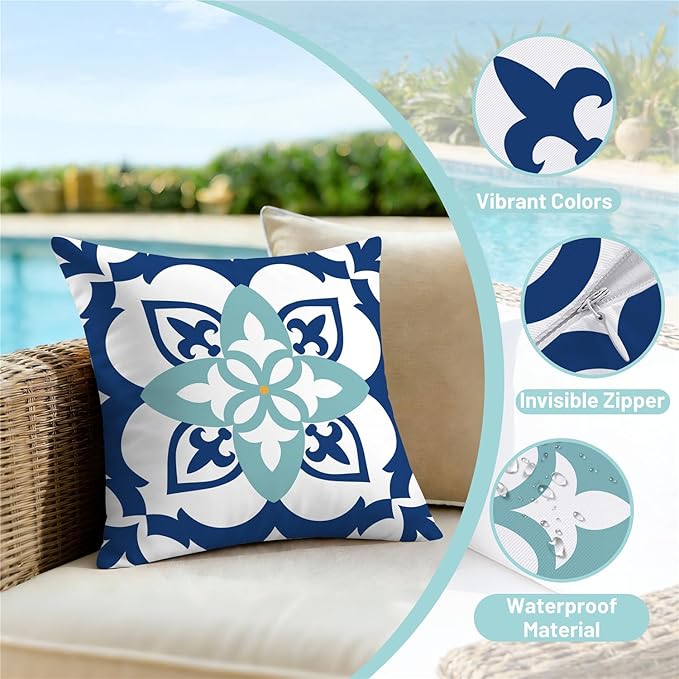 NIGHTWISH Outdoor Waterproof Pillow Covers 16x16 Set of 4 Teal Boho Decorative Outdoor Throw Pillows Floral Cushion Cases for Patio Furniture Bench Couch Sunbrella