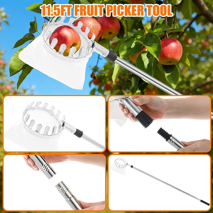 4 Pack Fruit Picker Pole Tools 11.5 ft Fruit Picker Pole with Basket Telescoping and 35-63 Inch Adjustable Apple Picking Tool Berry Rake Scoop and Storage Bag for Mango Lemon Orange Avocado