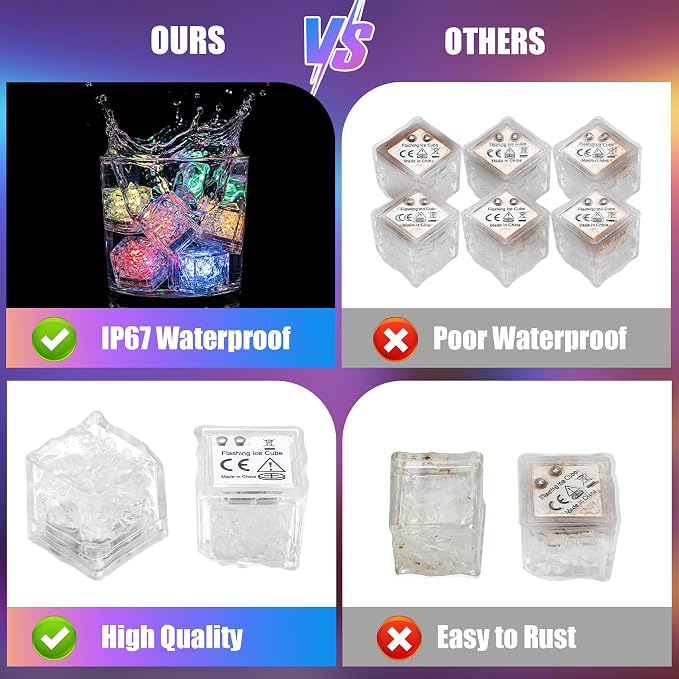 24 Pack Light Up Ice Cubes for Drinks, Multi Color Led Ice Cubes, IP67 Waterproof Reusable, Glowing Flashing Changing Lights, Water Activated Drink Lights for Cocktails Club Party Bar Wedding Decor