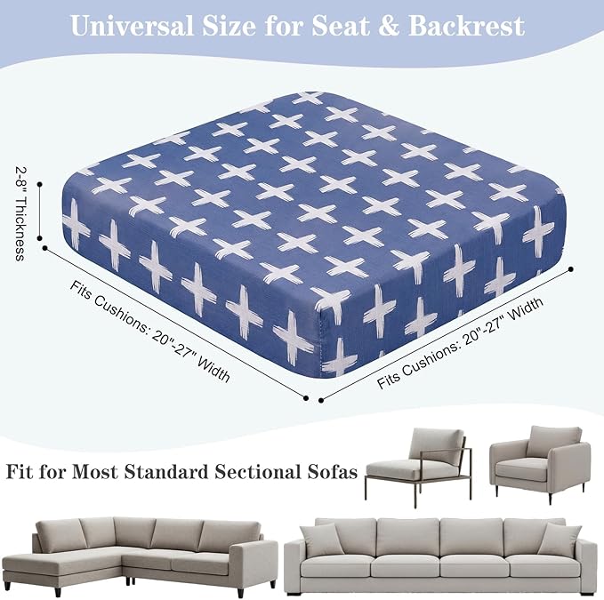 8 Pack Outdoor Cushion Covers Water Resistant High Stretch Fit Patio Cushion Covers 180g Couch Seat Slipcovers Machine Washable Pet & Kids Friendly Home Refresh 20-27 Inch, Navy Cross