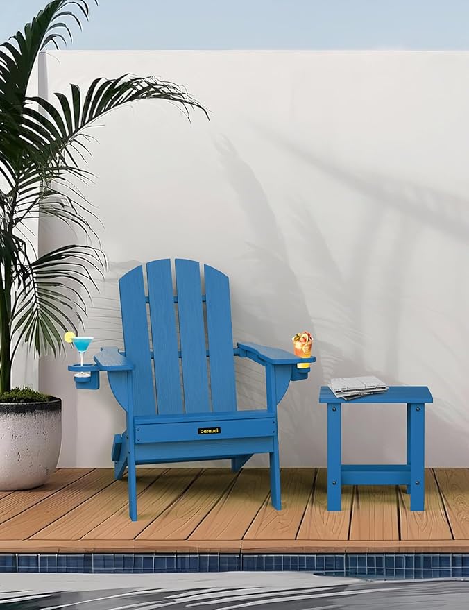 Folding Adirondack Chair, Wooden Textured Plastic Adirondack Chairs with 2 Cup Holder, Weather Resistant HDPE Fire Pit Chair, Outdoor Patio Chairs for Garden, Backyard, Lawn, Deck, 380LBS, Blue