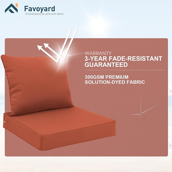 Favoyard Outdoor Seat Cushion Set 24 x 24 Inch Waterproof & Fade Resistant Patio Furniture Cushions with Removable Cover Deep Seat & Back Cushion with Tie Straps for Chair Sofa Couch