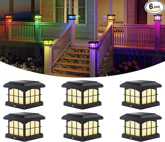 PARTPHONER RGBCW Solar Post Cap Lights 6-Pack, 9 Colors 3 Modes Fence Cap Lights, Bright Solar Outdoor Waterproof LED Deck Lighting for Fence Garden Deck Patio Porch Decor 4x4 Vinyl/Wood, Black