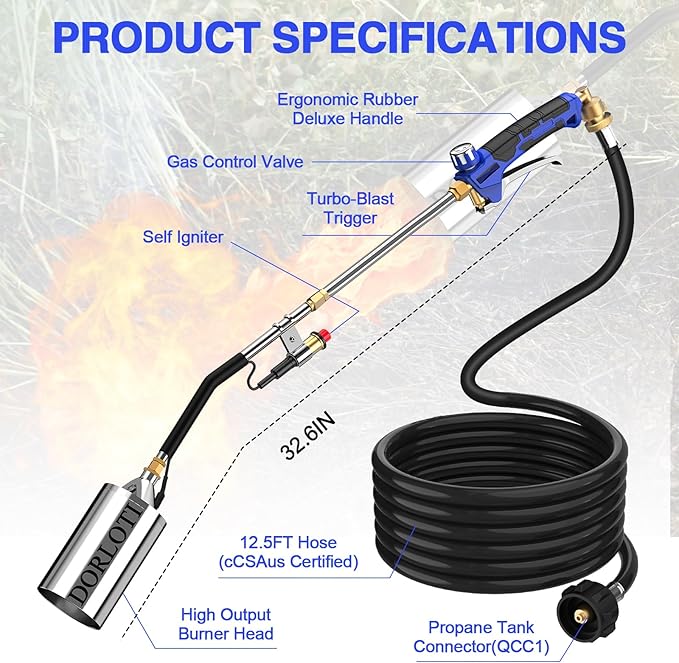 Propane Torch Weed Burner Kit,High Heat Output with Long/Short Mode,12.5FT Hose Heavy Duty Blow Torch Flamethrower with Self Igniter and Turbo Trigger for Weeding,Roofing,BBQ,Melting Ice Snow
