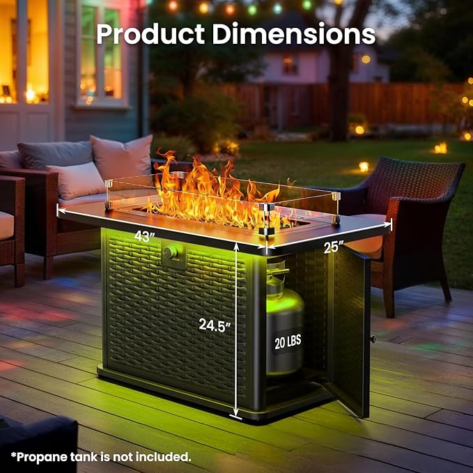 Ciays 43" Rectangular Propane Fire Pit with RGB Lighting Strip – 60,000 BTU Gas Fire Pit Table, Glass Stones, Wind Guard, Adjustable Flame, Outdoor Fire Pit for Patio & Garden, Black