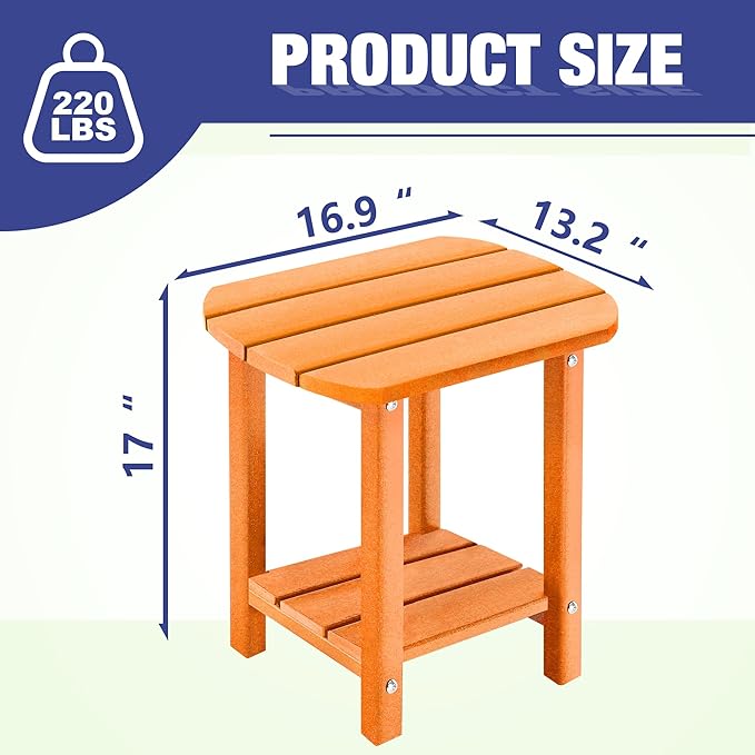 LZRS 2-Tier Patio Side Table, Heavy Duty HDPE Outdoor End Table with Wood Texture, Weatherproof Composite Table for Adirondack Chairs, Deck, Pool, Indoor/Outdoor, No Peeling Cracking(Orange)