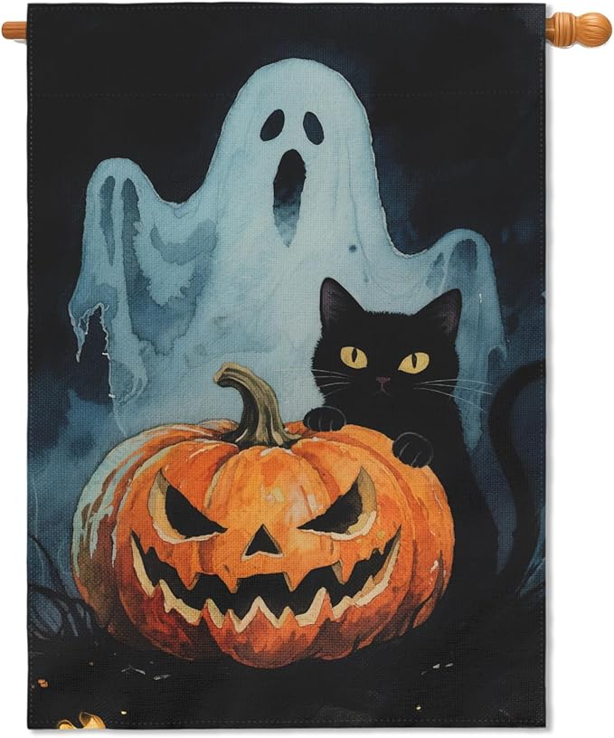 Scary Ghost Pumpkin Halloween House Flag 28x40 Inch Black Cat Halloween Theme Holiday Decorative Garden Flags for Outside Double Sided Outdoor Home Farmhouse Decoration Yard Porch Decor
