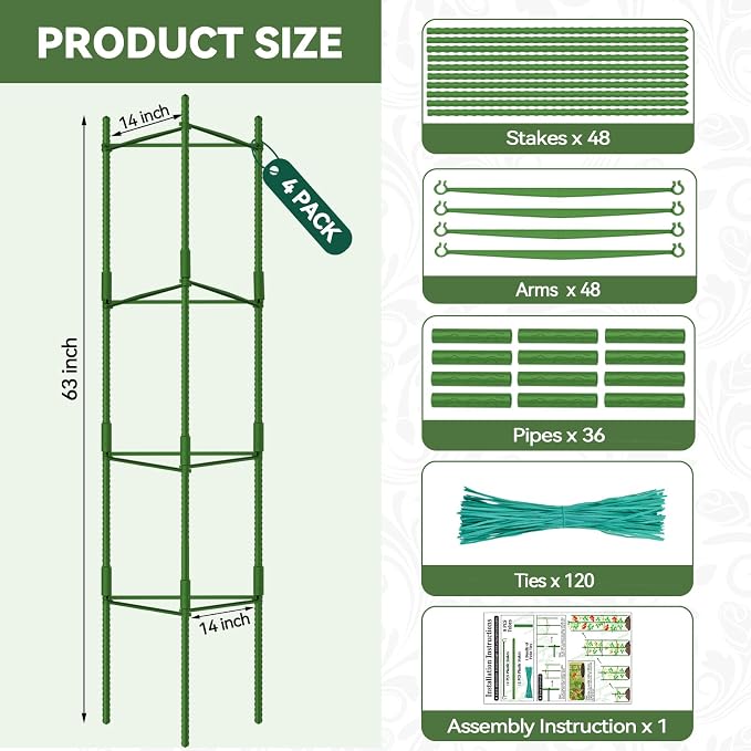 Halatool 63 Inch Tomato Cages, 4 Pack Adiustable Plant Cages Assembled Tomato Garden Cages Stakes Vegetable Support Trellis with 120 Feet Twist Tie, Snap-On for Vertical Climbing Plants