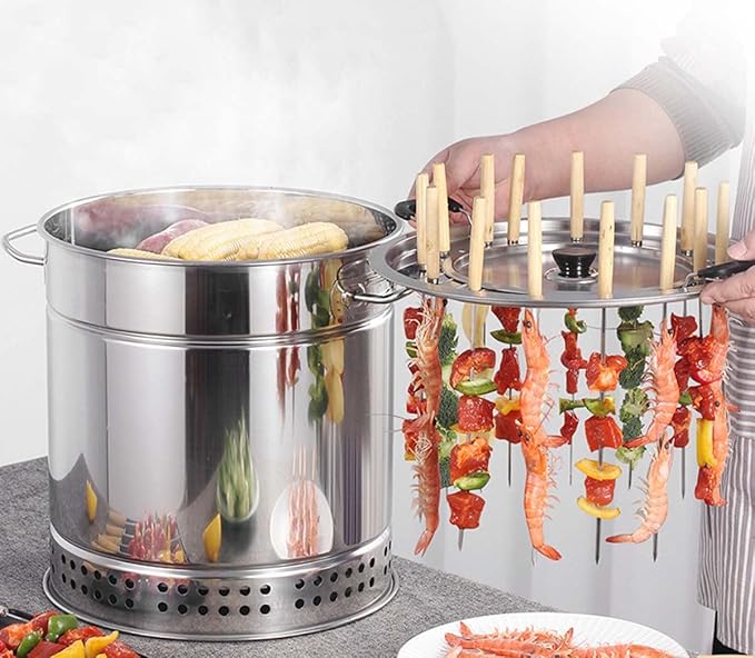Portable Vertical Charcoal Smoker Grill Barrel Grill with 28 Skewers, Outdoor Indoor Camping Smokeless Charcoal Barbecue Grill Bbq,L