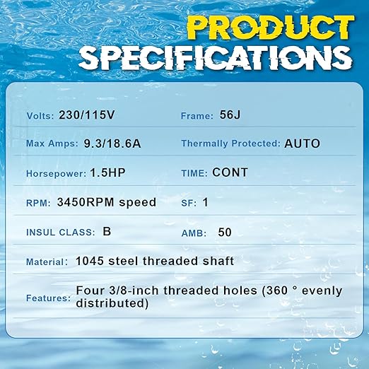 UST1152 Pool Pump Motor 1.5 HP 56J Frame 115/230V 3450 RPM Single Speed Replacement for A.O. Smith Century, Hayward SP2610X15, AST165, B229