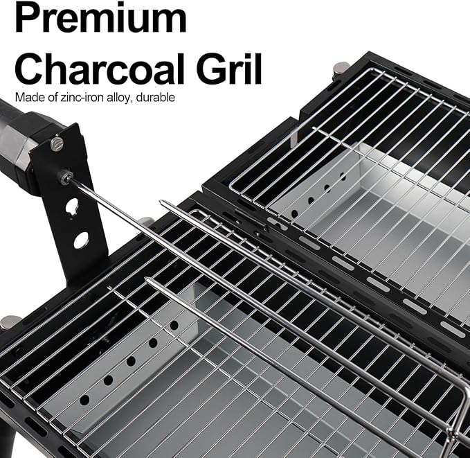 Portable Charcoal Grill with Thermometer - Barrel Charcoal Grills with Central Rotisserie Rack Double-sided Smoker Grill Outdoor BBQ Grill, Perfect for Backyard Camping, Patio Parties and Picnics