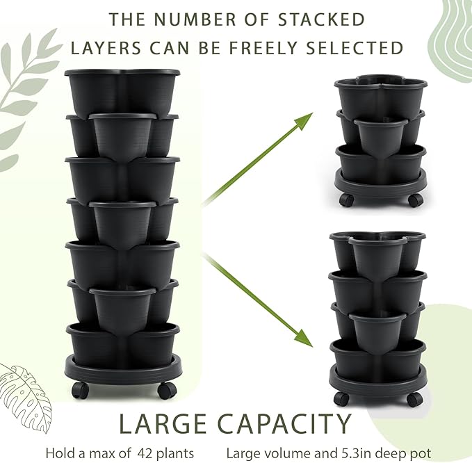 Umigy 1 Set Black 7 Tier Stackable Vertical Planters with Removable Wheels and Tools Tower Planters Strawberry Herb Flower Vegetable Pots Indoor Outdoor Gardening Pots