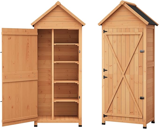 Outdoor Storage Shed, Small Waterproof Garden Tool Shed with 4 Shelves & Lockable Door, Compact Wood Storage Cabinet for Patios, Backyards, Balconies, Natural