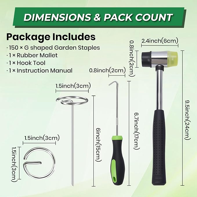 Garden Staples, 150pcs G-Shaped Landscape Stakes, Heavy Duty Weed Barrier Stakes Lawn Staples with Staples Remover and Mallet, Yard Stakes for Lawn Edging, Ground Cover, Outdoor Gardening Projects