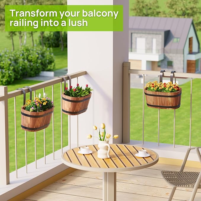 2pcs Railing Planter Boxes Wood Hanging Flower Pots for Railing Fence Outdoor Balcony Planters for Wall Window Flower Box Hanging Bucket Pots Countryside Plant Holder (Brown,2pcs,Small)