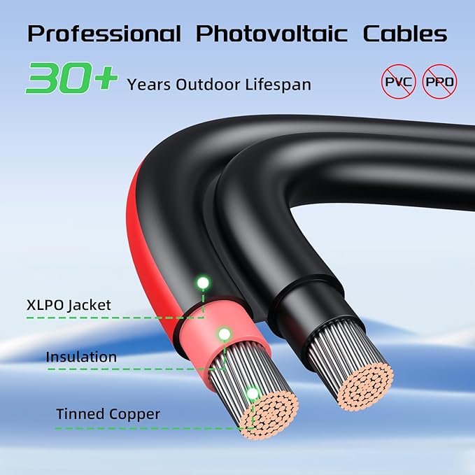 Bateria Power 30Ft 10AWG Solar Panel Extension Cable, 6mm² Twin PV Wire Conductor Parallel Solar Wire Adapter Kit with Waterproof Female & Male Solar Connectors for RV, Marine (Both Ends Installed)