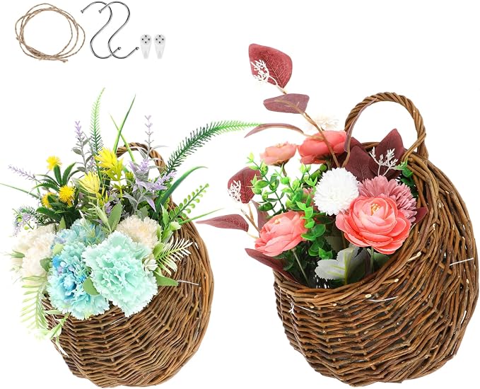 Gatuida 2Pcs Rattan Hanging Flower Basket, Wall-Mounted Woven Planter Rustic Flower Pot, Light Brown, 12.20 x 10.62 x 4.72 Inch