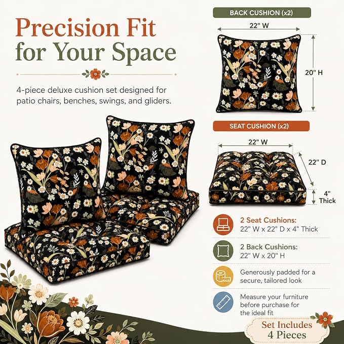 22x22 Waterproof Outdoor Chair Cushions Set of 2, Patio Cushions for Outdoor Furniture Water-Resistant & Fade-Resistant, Deep Seat & Back Cushion for Wicker Sofa (Black Floral)