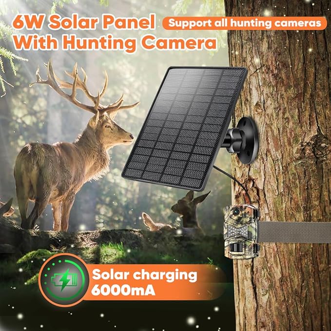 Solar Panel 6W for Trail Camera,Solar Kit Build-in 6000mAh Rechargeable Battery, Hunting Accessories for IP66 Waterproof, Solar Power for Trail Camera