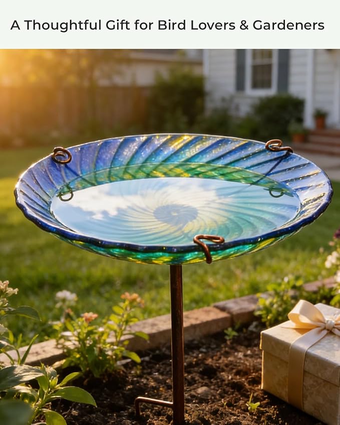 10.5" D Glass Bird Bath with Stake – Shallow Bird Bath for Outside Garden Backyard – Decorative Birdbath & Feeder for Patio Lawn – Hand-Painted Glass Water Dish, Blue