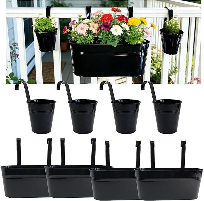 Set of 8 Outdoor Metal Railing Planters Box - 4 Pcs 5.12" Round Balcony Hanging Planter & 4 Pcs 17" Oval Fence Pot with Detachable Hooks Drainage, Black