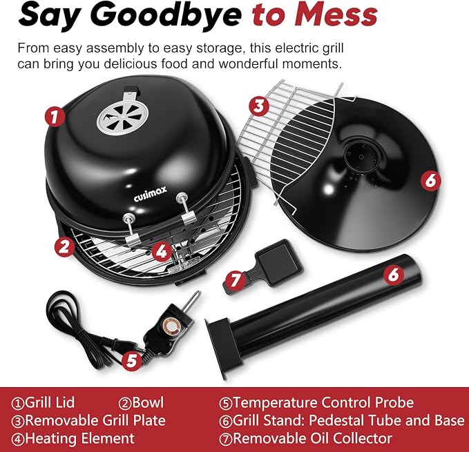 Electric Grill Outdoor, CUSIMAX Electric BBQ Grill, 1600W Portable BBQ with Lid for Cookouts, BBQ Gatherings, Small Spaces, Adjustable Heat, Removable Stand Grill, Oil Collector