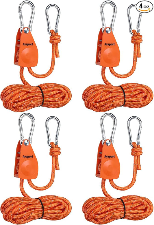 Ayaport Adjustable Rope Hanger Grow Light Hanger, 12Ft 1/4" Heavy Duty Plant Pulley Rope Tightener Ratchet Tie Down for Kayak, Tarp, Tent Tie Downs, Hanging Plants, Filters, Fans 4Pack
