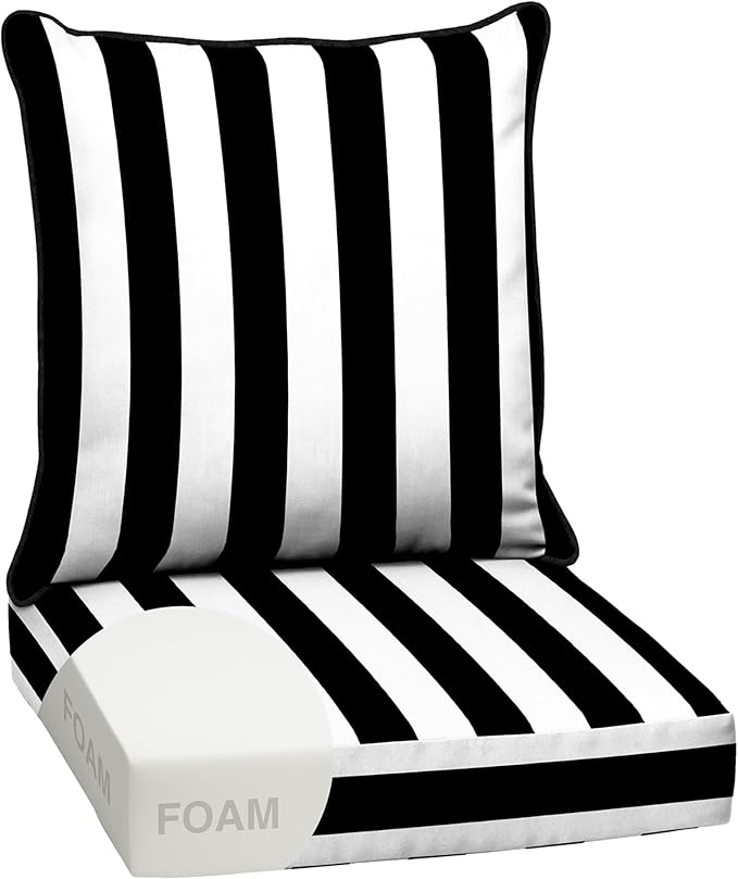 Arden Outdoor Foam Deep Seat Cushion Set, 24x24, Premium High-Density Foam, Never Flattens, Weather-Proof for Patio Chair Sofa Couch, Black Cabana Stripe