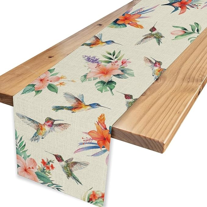 Tropical Floral Table Runner, Retro Seasonal Spring Summer Red Flower Palm Hummingbird Boho Rustic Coffee Table Center Decor for Family Kitchen and Dining Farmhouse Party Table Decorations, 13"x72"