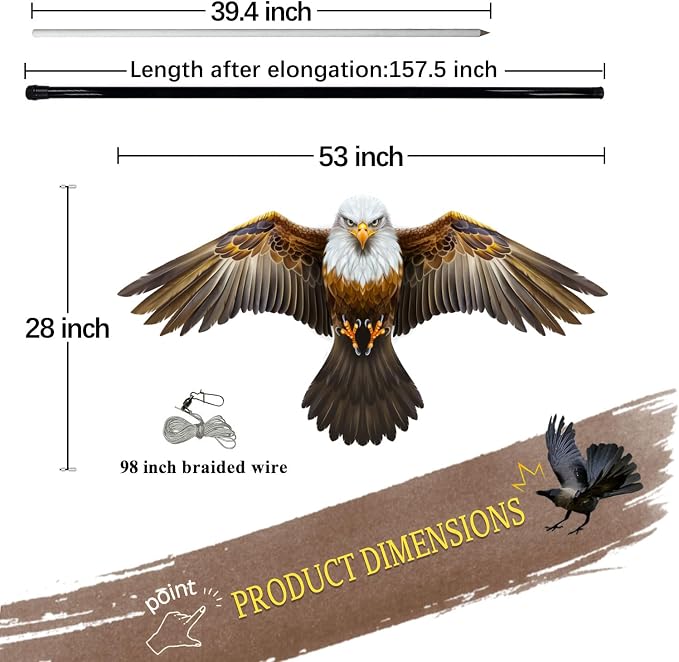 Bird Hawk Flying Kite with Pole Crop Farm Protector Bird Scare Kites with 13Ft Pole - Eagle Kite