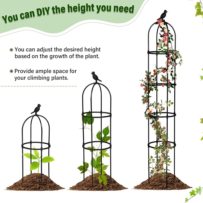 Sadnyy 4 Pack 6 ft Garden Obelisk Trellis for Climbing Plants Outdoor- Heavy Duty Rustproof Metal Pipe with Plastic Coated Plant Trellis for Clematis Grape Pea Vines Tomatoes Cucumbers Flowers(Black)