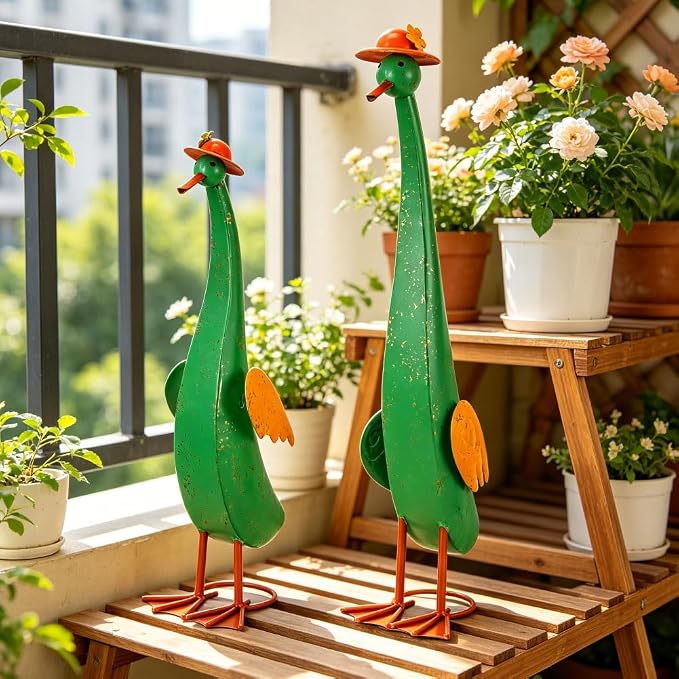 22" Duck Garden Statue Set of 2 Metal Ducks | Outdoor Decor Porch Animal Figurine Yard Art Sculptures Rustproof Lawn Ornament for Outside Patio Backyard Decorations