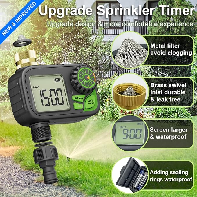Sprinkler Timer, Programmable Digital Water Hose Irrigation Timer for Lawn | Manual Override,Automatic Watering, Outdoor Waterproof, Yard & Lawn Use with Rain Delay