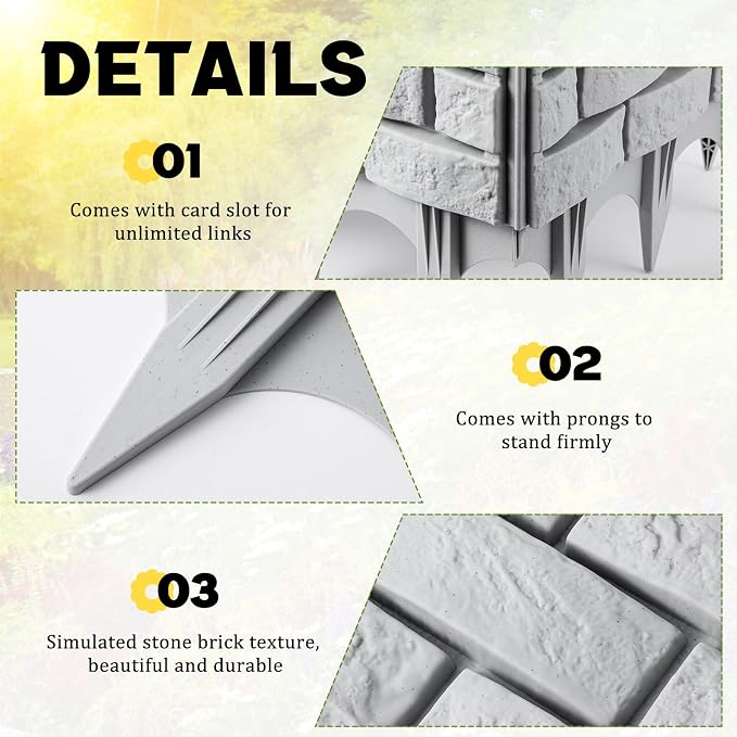 Landical 8 Pcs Imitation Stone Garden Fence, Faux Stone Retaining Wall Look Garden Bricks Border with Ground Stakes, 17.3 x 12.6 in Gray Plastic Edging Blocks for Flower Beds, Lawn, Mulch (Gray)